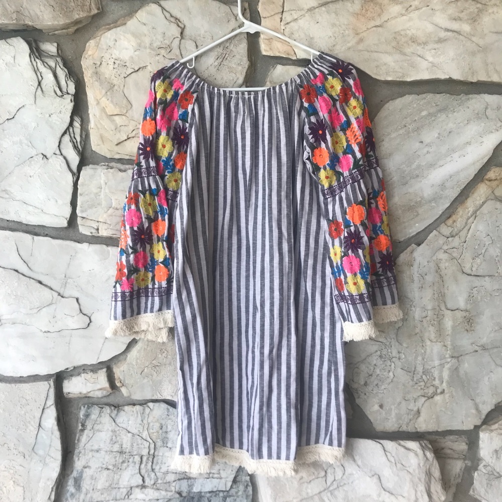 ASOS Tall Gray/White Stripe Embroidered Dress